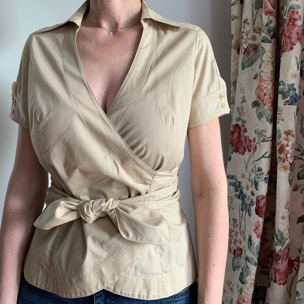 Women’s Josef Short sleeve Tan Wrap Blouse / Size 0